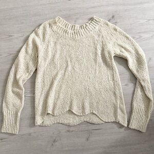 Cotton Emporium Cream Crew Neck Sweater with Fuzzy Texture and Scalloped Hem